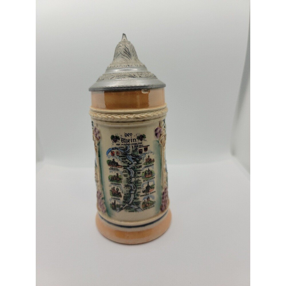 German Crafted Ceramic Lidded Stein. Der Rhein Von Mainz - Koblenz Hand Painted
